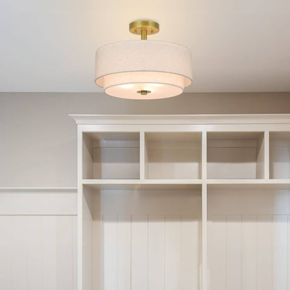 16 inch 3-Light Gold Semi Flush Mount Ceiling Light with Fabric Drum Shade XB-SF1289-GB
