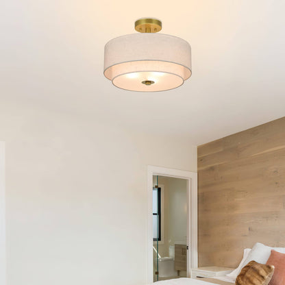 16 inch 3-Light Gold Semi Flush Mount Ceiling Light with Fabric Drum Shade XB-SF1289-GB