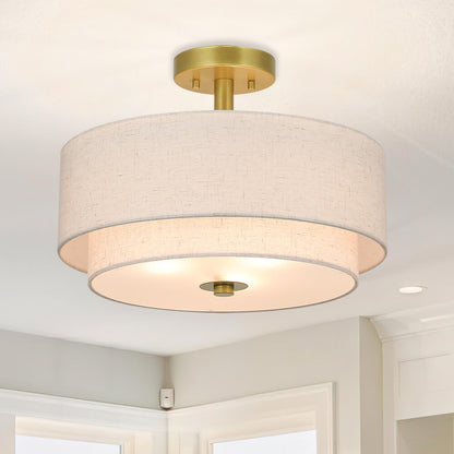 16 inch 3-Light Gold Semi Flush Mount Ceiling Light with Fabric Drum Shade XB-SF1289-GB