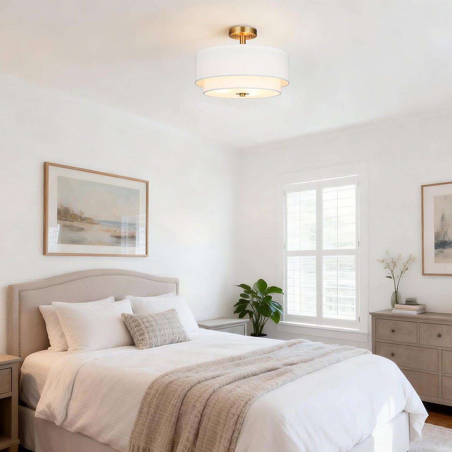 16 inch 3-Light Gold Semi Flush Mount Ceiling Light with Fabric Drum Shade XB-SF1289-GB