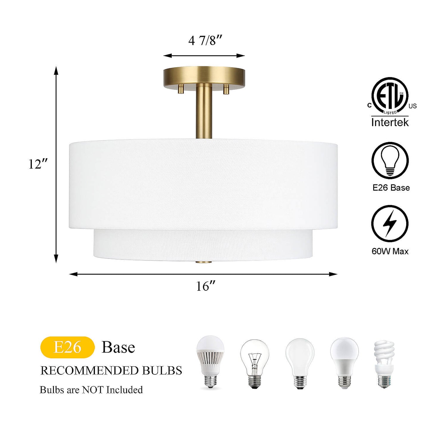 16 inch 3-Light Gold Semi Flush Mount Ceiling Light with Fabric Drum Shade XB-SF1289-GB