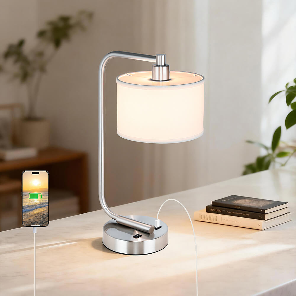 Bedside Table Lamp Modern Brushed Nickel Table Lamp with Shade