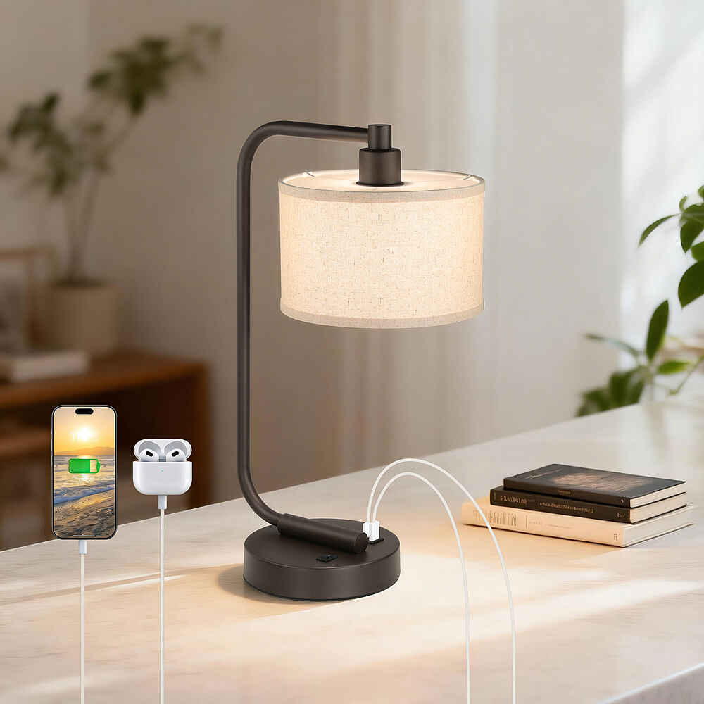 Bronze Table Lamp with USB Charging Port and Fabric Shade XB-TL1226-DB