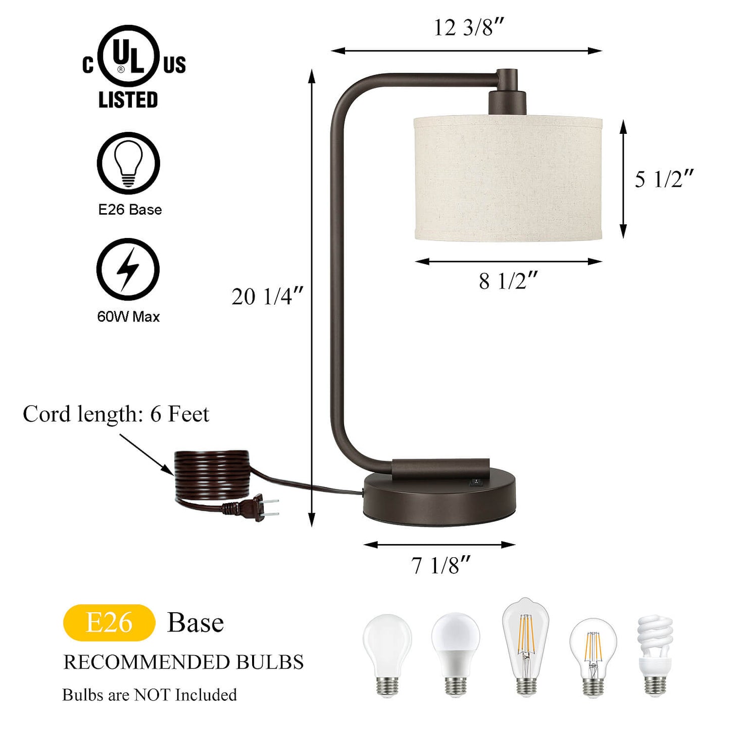 Bronze Table Lamp with USB Charging Port and Fabric Shade XB-TL1226-DB