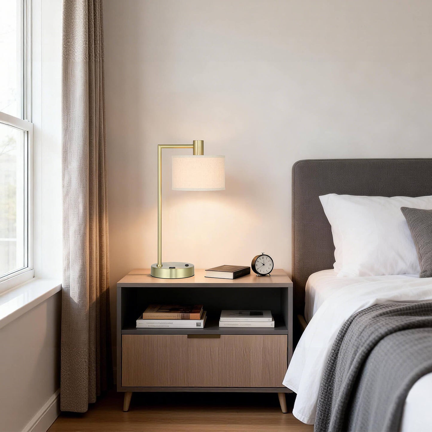 Table Lamp with USB Port, Fabric Shade, Satin Brass, Bedside Desk Lamp for Bedroom XB-TL1230-SB