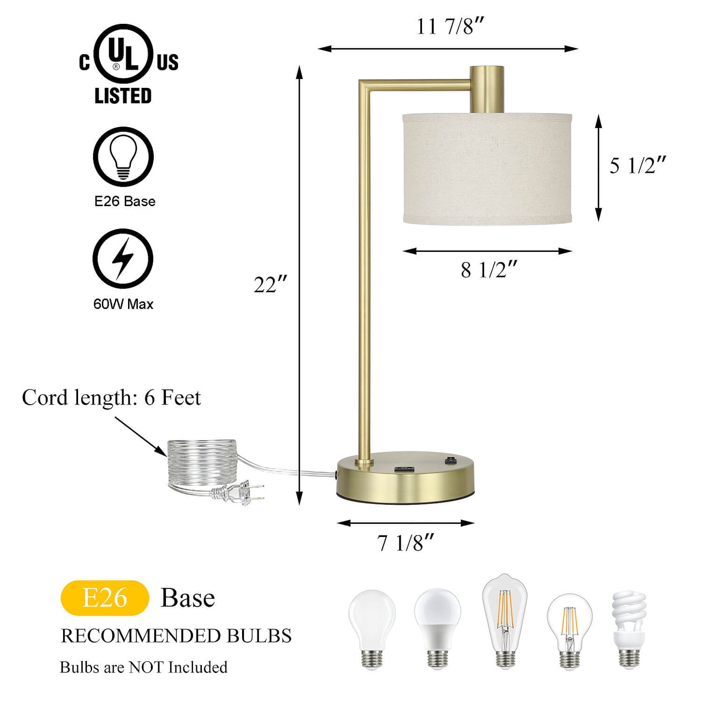Table Lamp with USB Port, Fabric Shade, Satin Brass, Bedside Desk Lamp for Bedroom XB-TL1230-SB