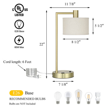 Table Lamp with USB Port, Fabric Shade, Satin Brass, Bedside Desk Lamp for Bedroom XB-TL1230-SB