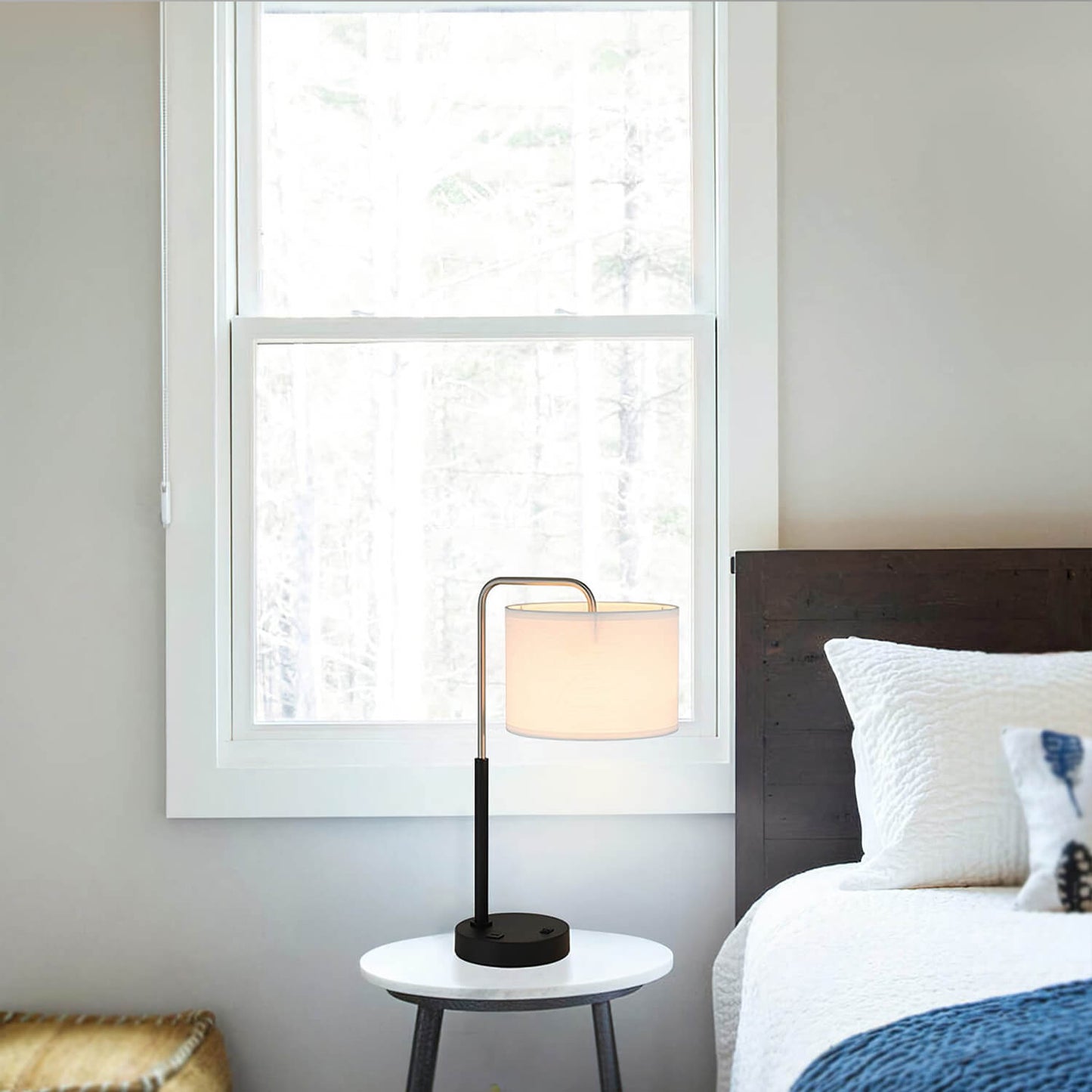 Modern Bedside Lamp with USB & Drum Shade in Brushed Nickel XB-TL257-BN