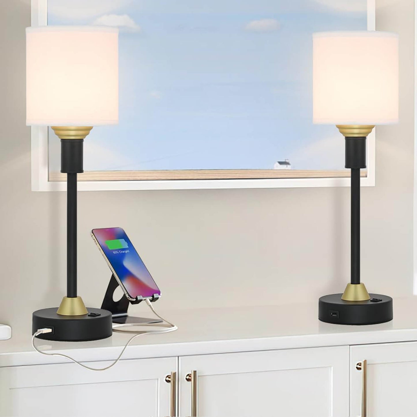 Mid Century Modern Table Lamp with USB Port, Fabric Shade,  Black & Gold (2 Pack) XB-TL291-MB