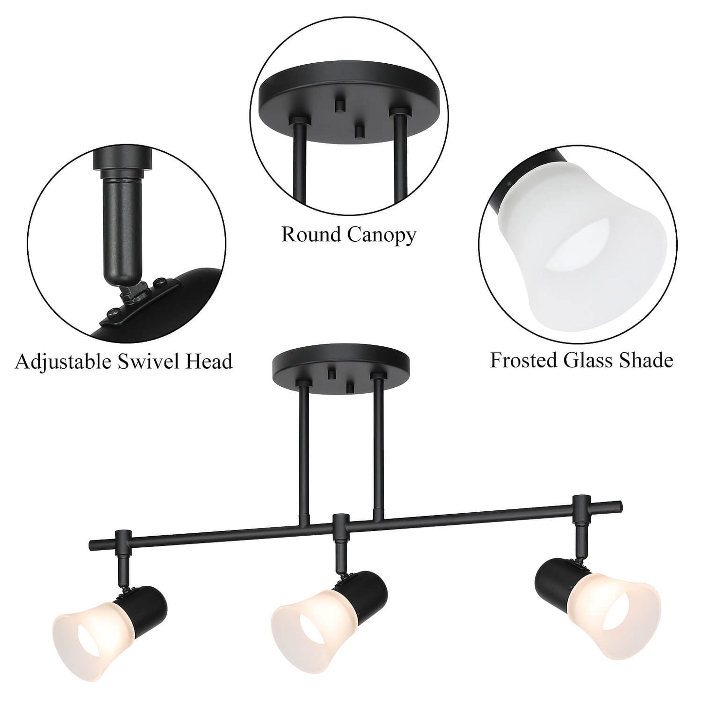 Track Lighting, 3-Light Ceiling Mount, Adjustable Spotlight Heads, Matte Black XB-TR1235-3-MB
