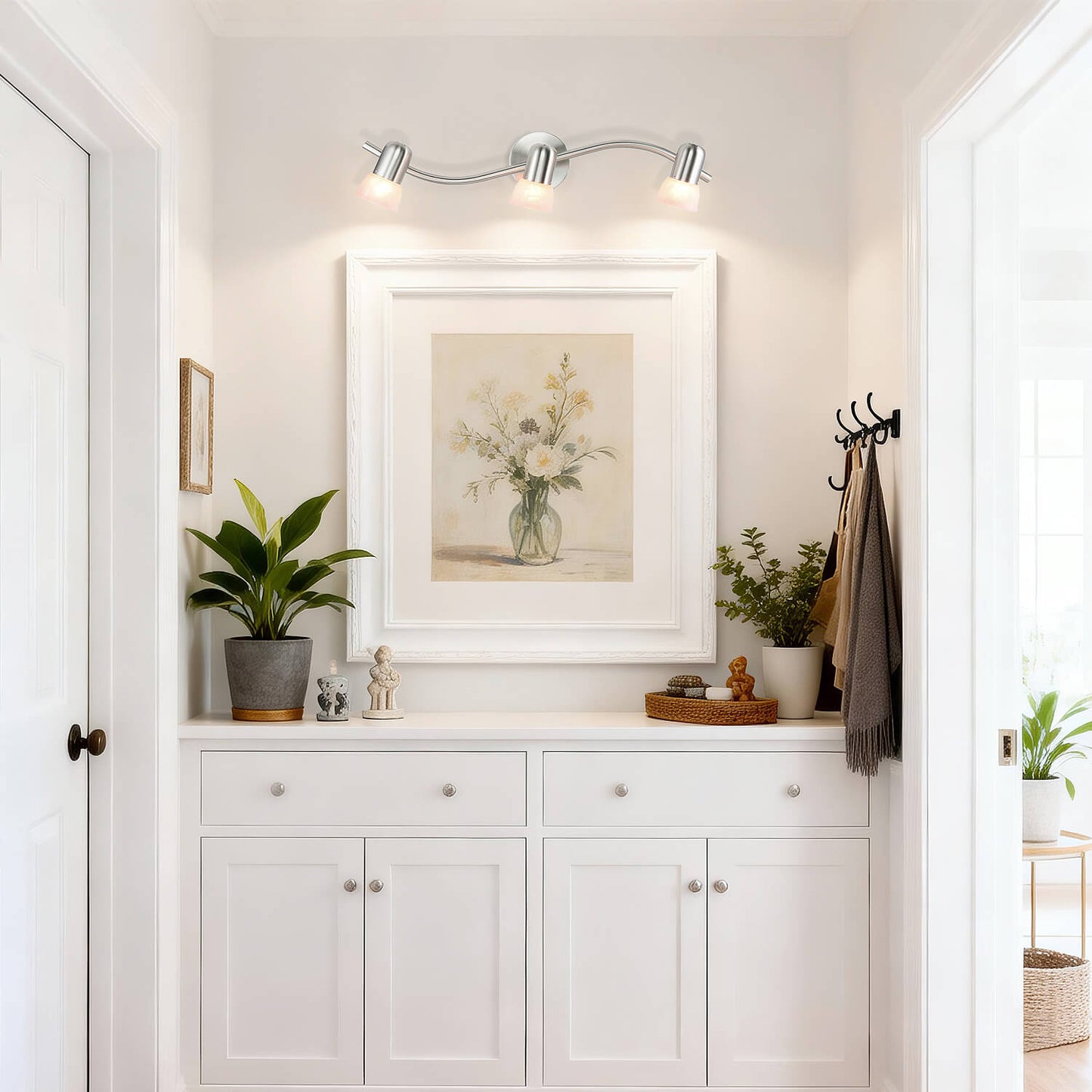 Track Lighting, 3-Light S-Shaped Rail, Brushed Nickel with Alabaster Glass Shades XB-TR1238-3-BN