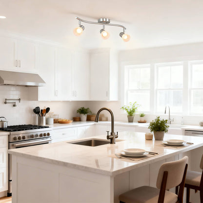 Track Lighting, 3-Light S-Shaped Rail, Brushed Nickel with Alabaster Glass Shades XB-TR1238-3-BN