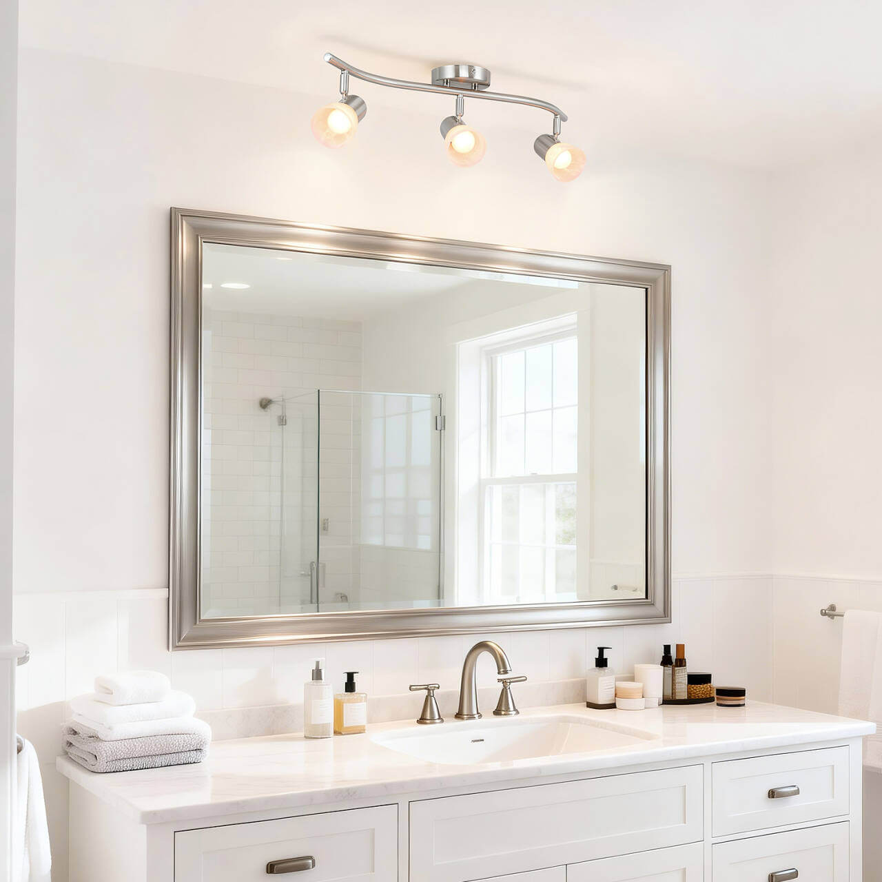 Track Lighting, 3-Light S-Shaped Rail, Brushed Nickel with Alabaster Glass Shades XB-TR1238-3-BN