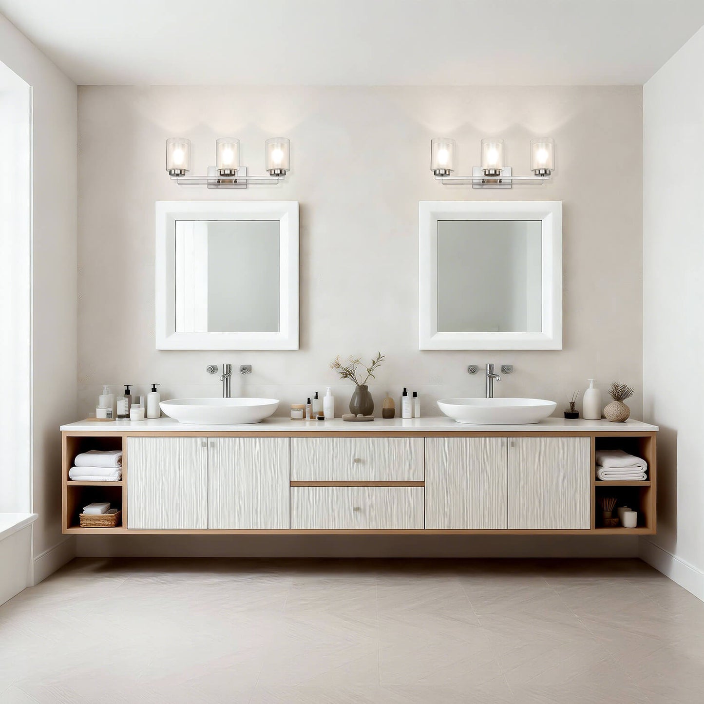 3 Light Bathroom Vanity Lighting with Dual Glass Shade in Brushed Nickel XB-W1195-3-BN