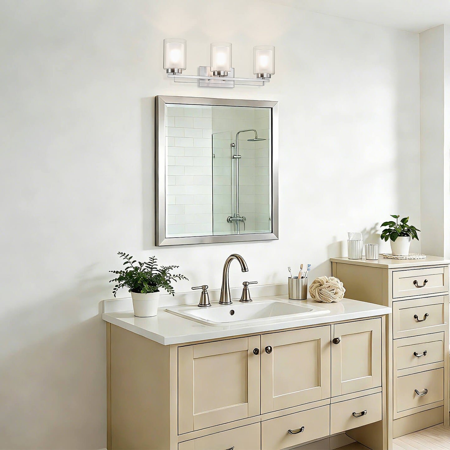 3 Light Bathroom Vanity Lighting with Dual Glass Shade in Brushed Nickel XB-W1195-3-BN