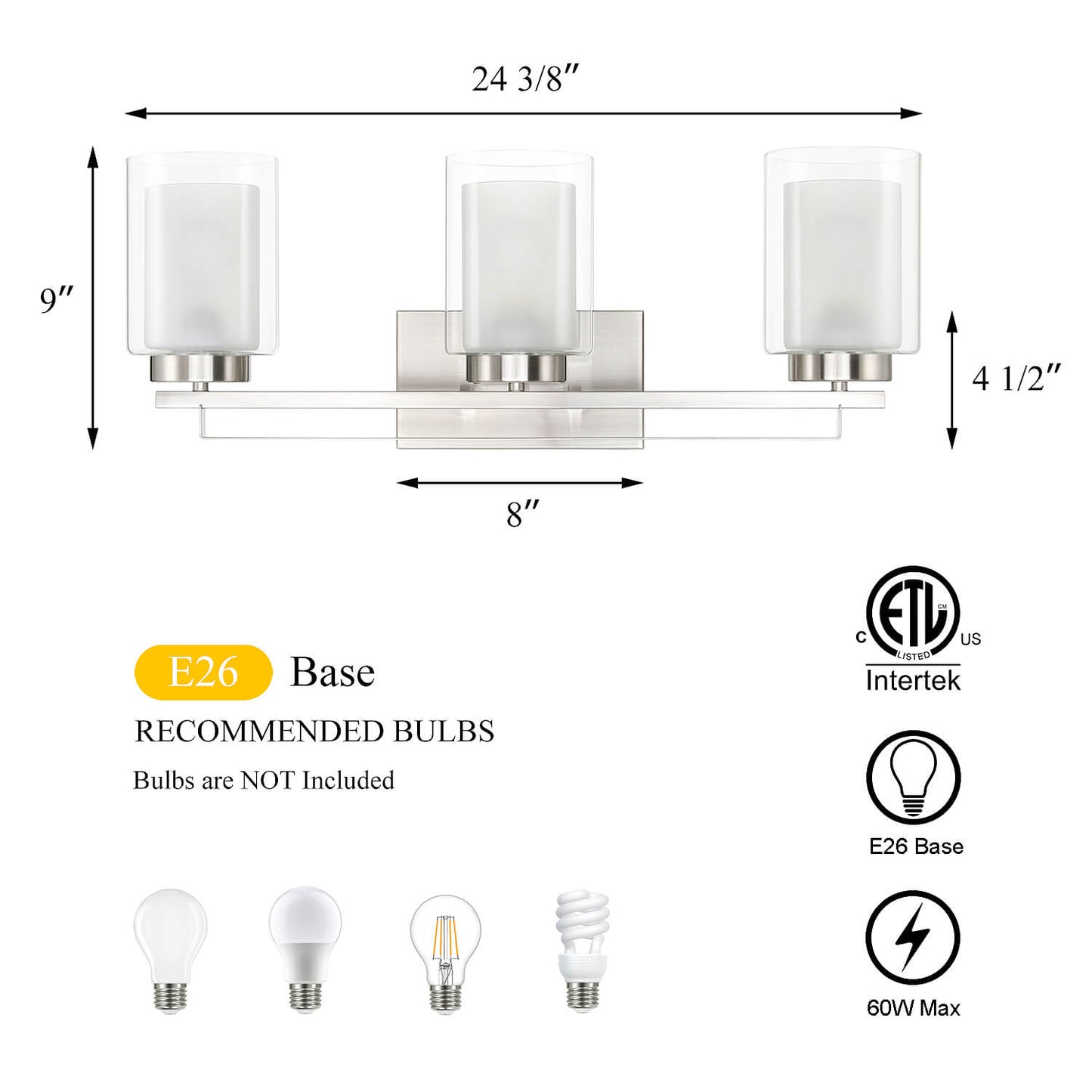 3 Light Bathroom Vanity Lighting with Dual Glass Shade in Brushed Nickel XB-W1195-3-BN