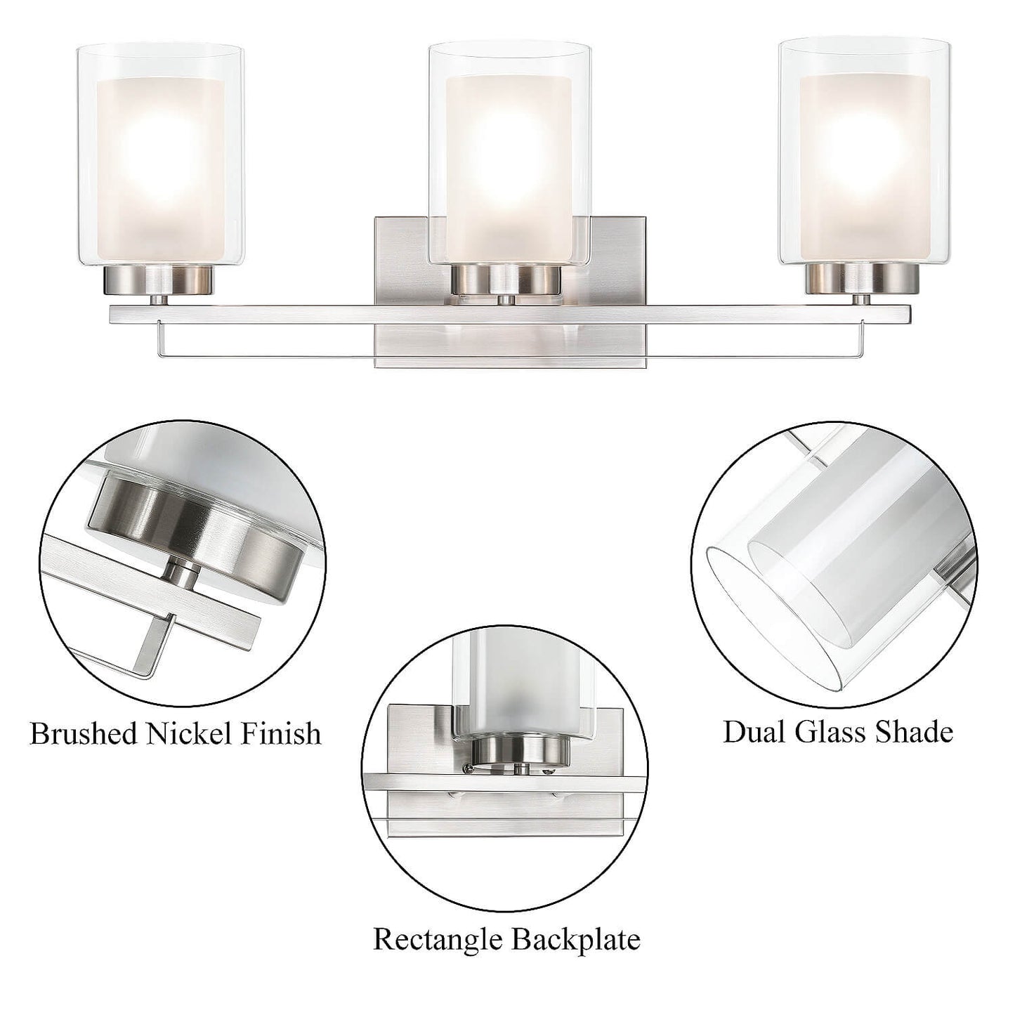 3 Light Bathroom Vanity Lighting with Dual Glass Shade in Brushed Nickel XB-W1195-3-BN