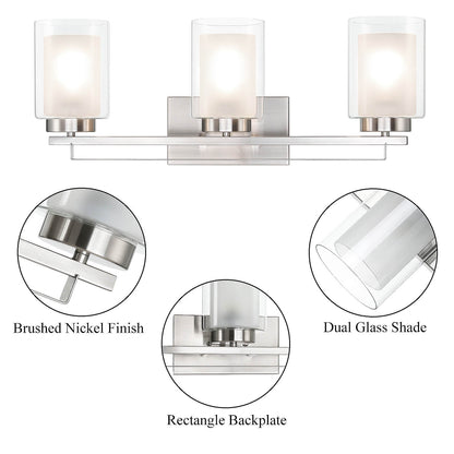 3 Light Bathroom Vanity Lighting with Dual Glass Shade in Brushed Nickel XB-W1195-3-BN