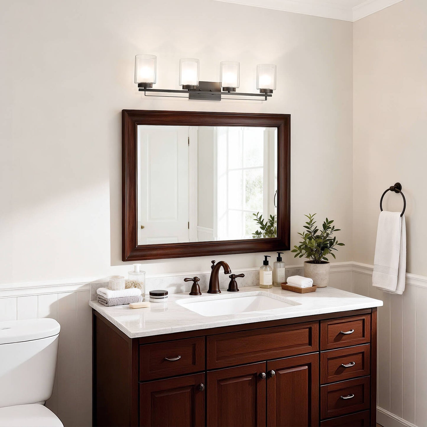 4 Light Bathroom Vanity Lighting with Dual Glass Shade in Dark Bronze XB-W1195-4-DB