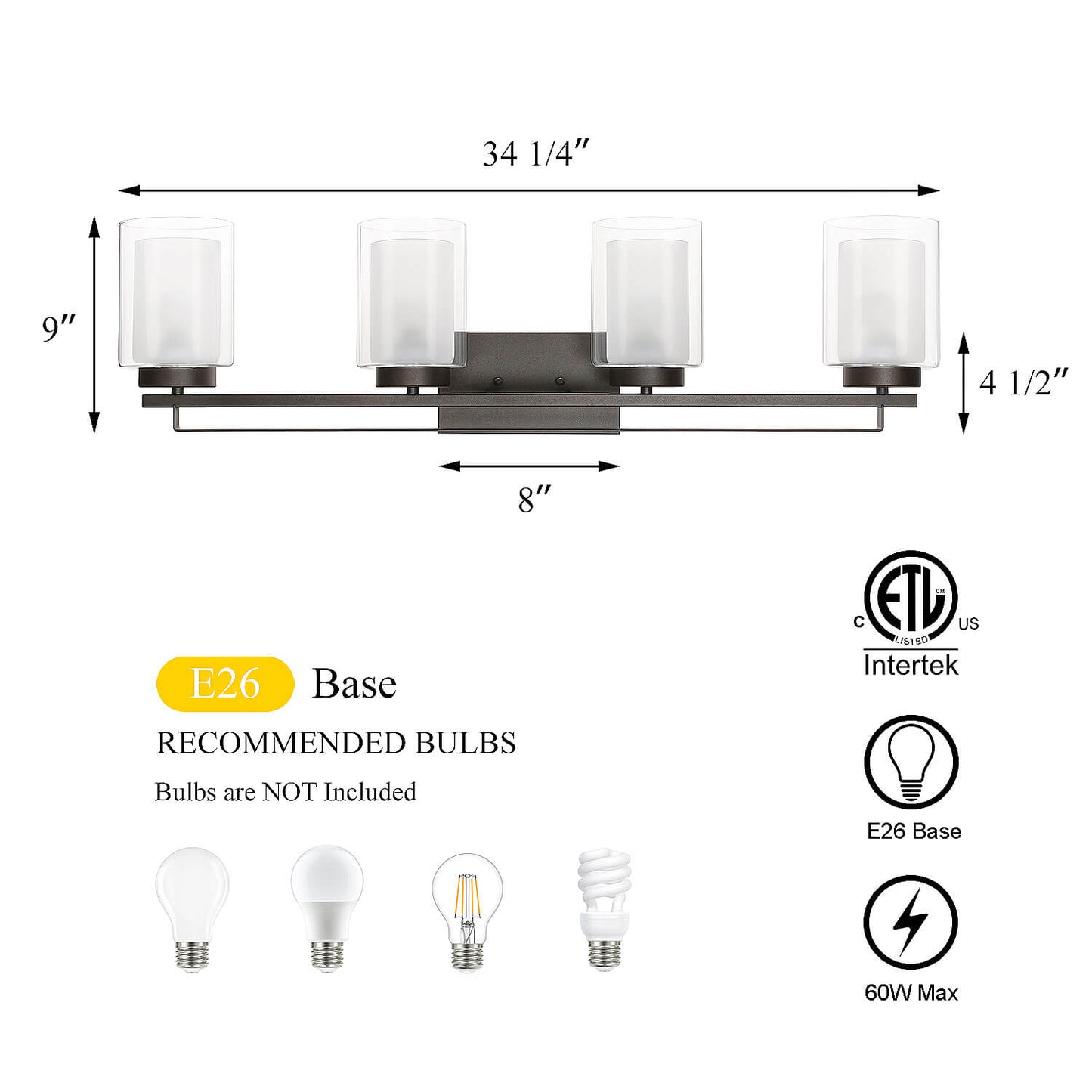4 Light Bathroom Vanity Lighting with Dual Glass Shade in Dark Bronze XB-W1195-4-DB