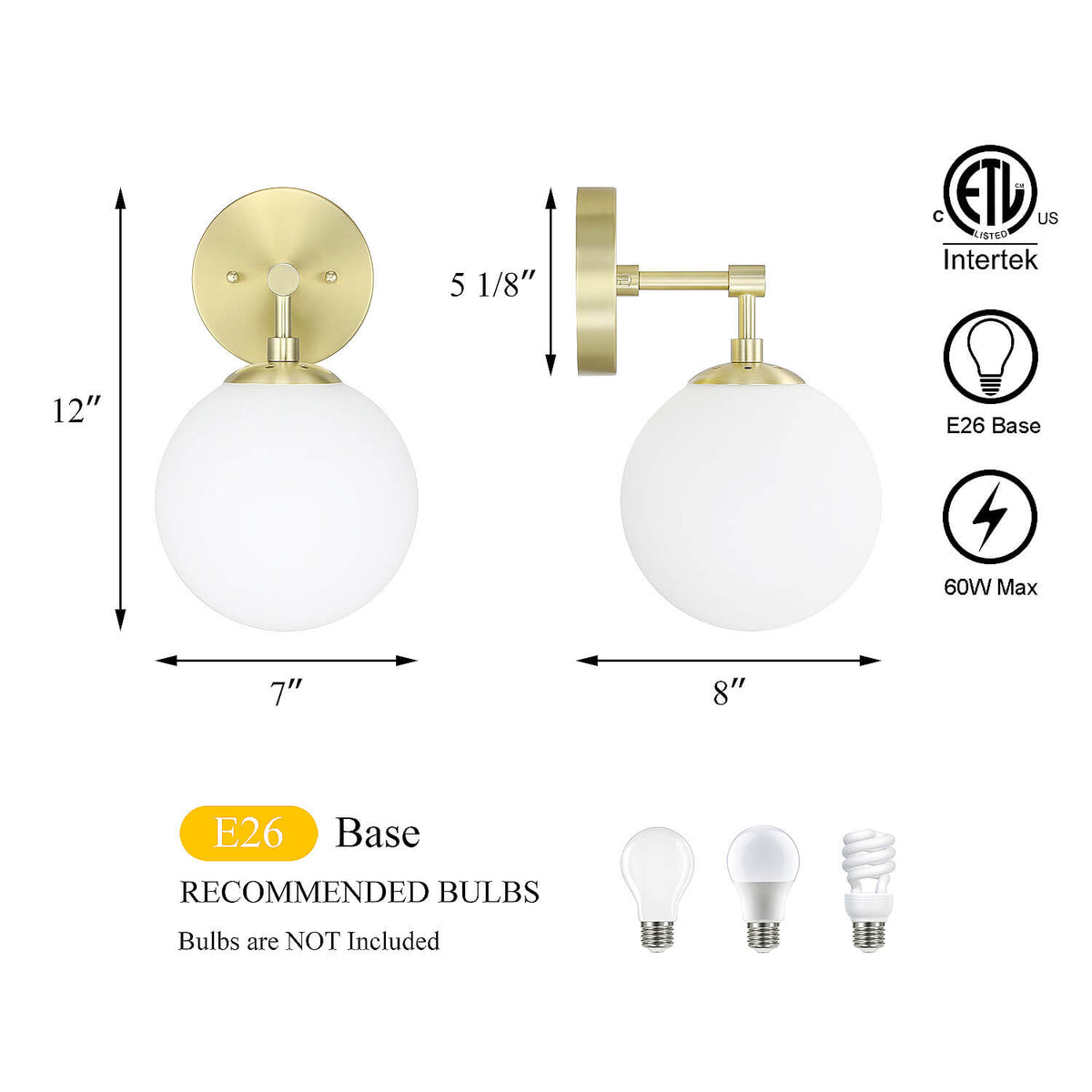 Vintage Wall Sconce Light Fixture, White Globe Glass, Satin Brass, 1-Light XB-W1211-SB