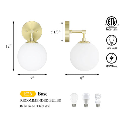 Vintage Wall Sconce Light Fixture, White Globe Glass, Satin Brass, 1-Light XB-W1211-SB
