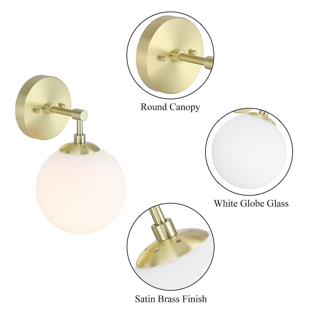 Vintage Wall Sconce Light Fixture, White Globe Glass, Satin Brass, 1-Light XB-W1211-SB