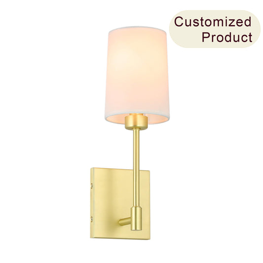 Modern Wall Sconce Light Fixture, Satin Brass Finish, White Fabric Shade, Single Light XB-W1215-1-SB