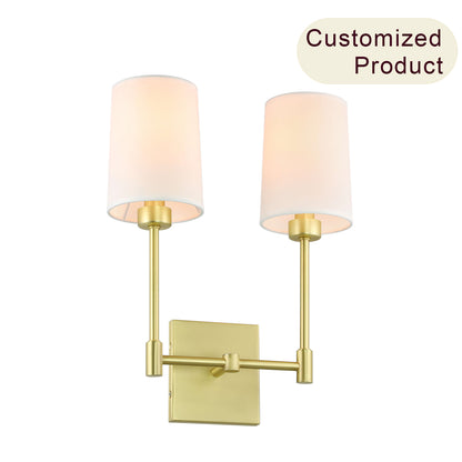 Modern Double Wall Sconce, 2-Light Brass Fixture with White Fabric Shades XB-W1215-2-SB