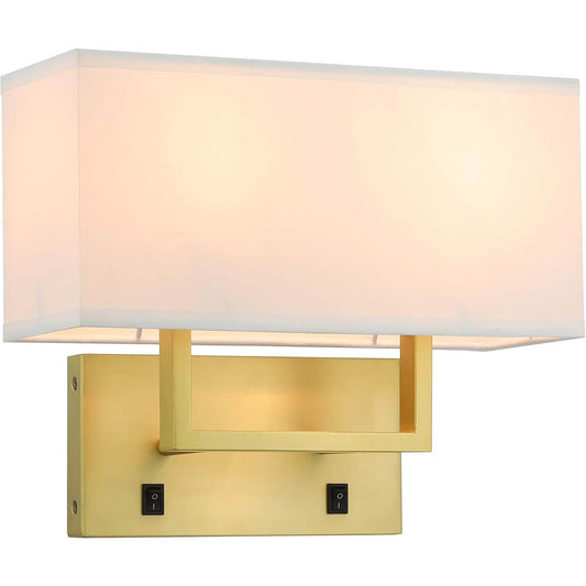 Wall Sconce with White Shade, Satin Brass, 2-Light, Bedroom Wall Lamp with On/Off Switch XB-W1230-SB