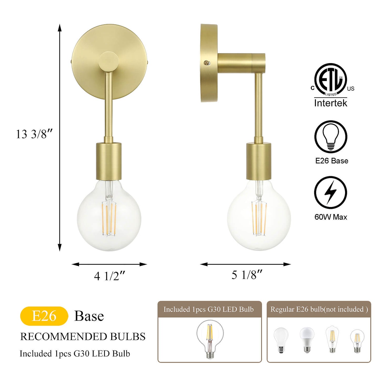 Wall Sconce, Brass Light Fixture with LED Bulb, Indoor Lighting for Bathroom XB-W1234-1-SB-G30