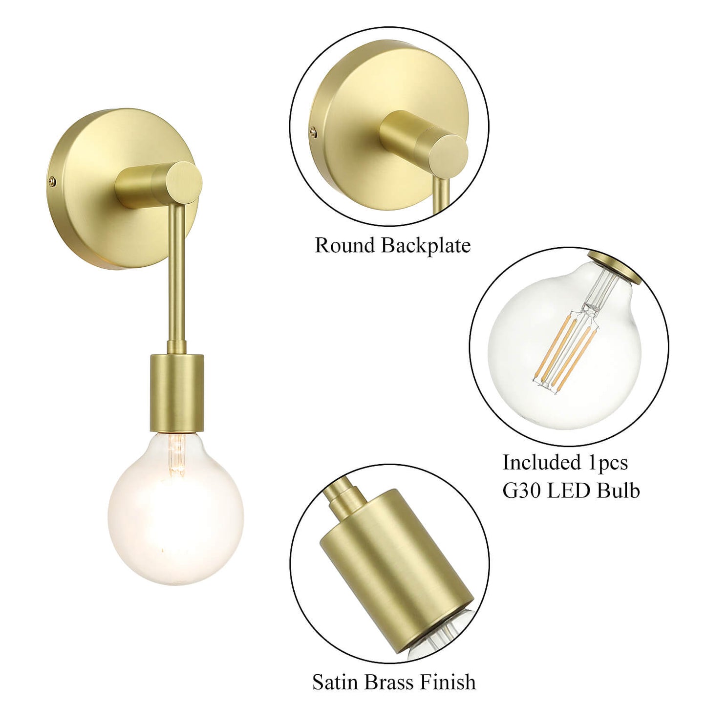 Wall Sconce, Brass Light Fixture with LED Bulb, Indoor Lighting for Bathroom XB-W1234-1-SB-G30