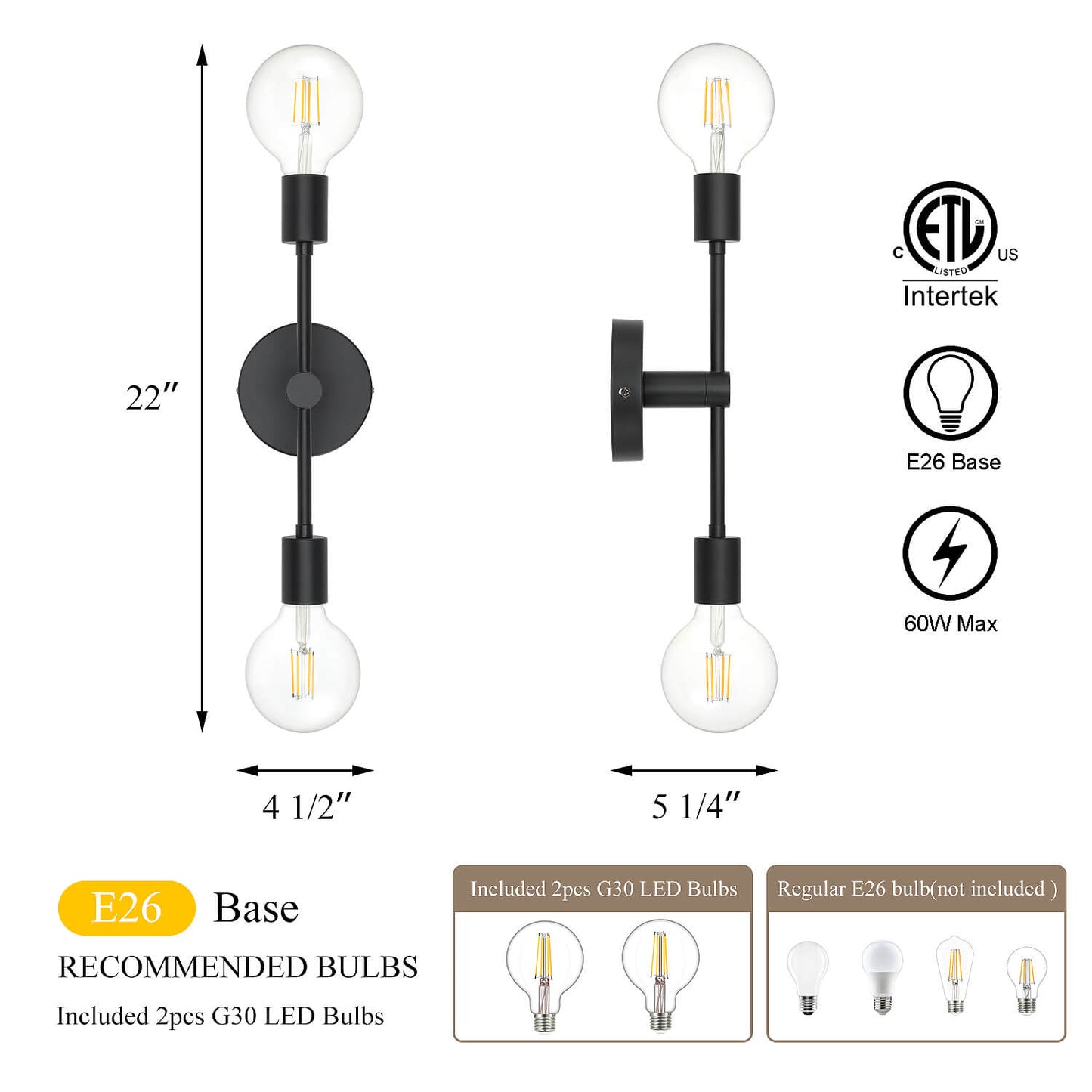 2-Light Black Bathroom Vanity Wall Sconce with LED Bulbs XB-W1234-2-MB-G30