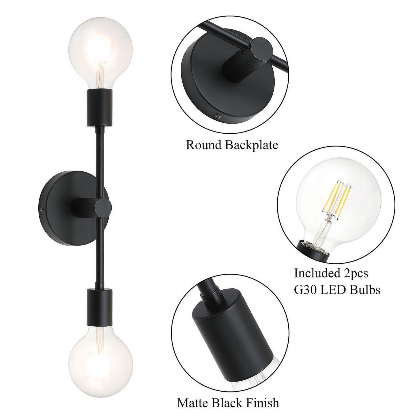 2-Light Black Bathroom Vanity Wall Sconce with LED Bulbs XB-W1234-2-MB-G30