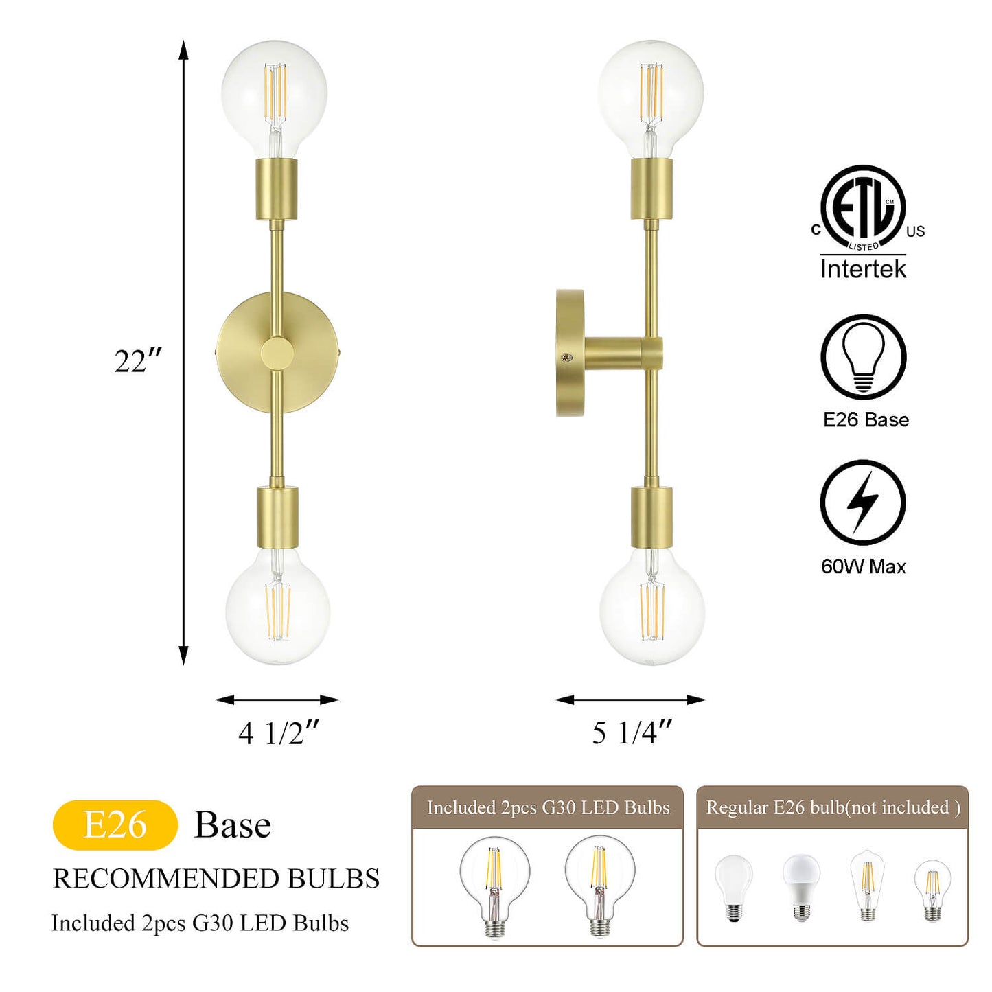Double Light Satin Brass Vanity Sconce with LED Bulb XB-W1234-2-SB-G30