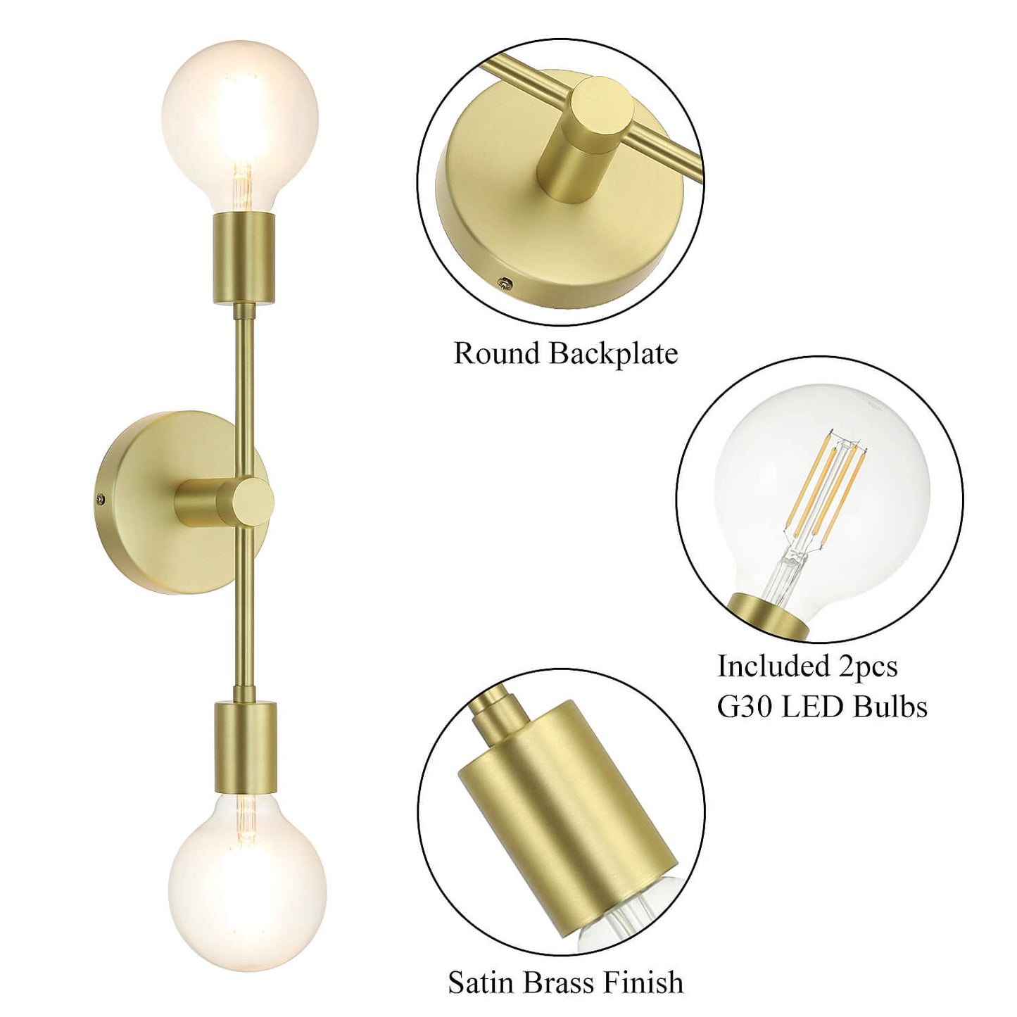 Double Light Satin Brass Vanity Sconce with LED Bulb XB-W1234-2-SB-G30