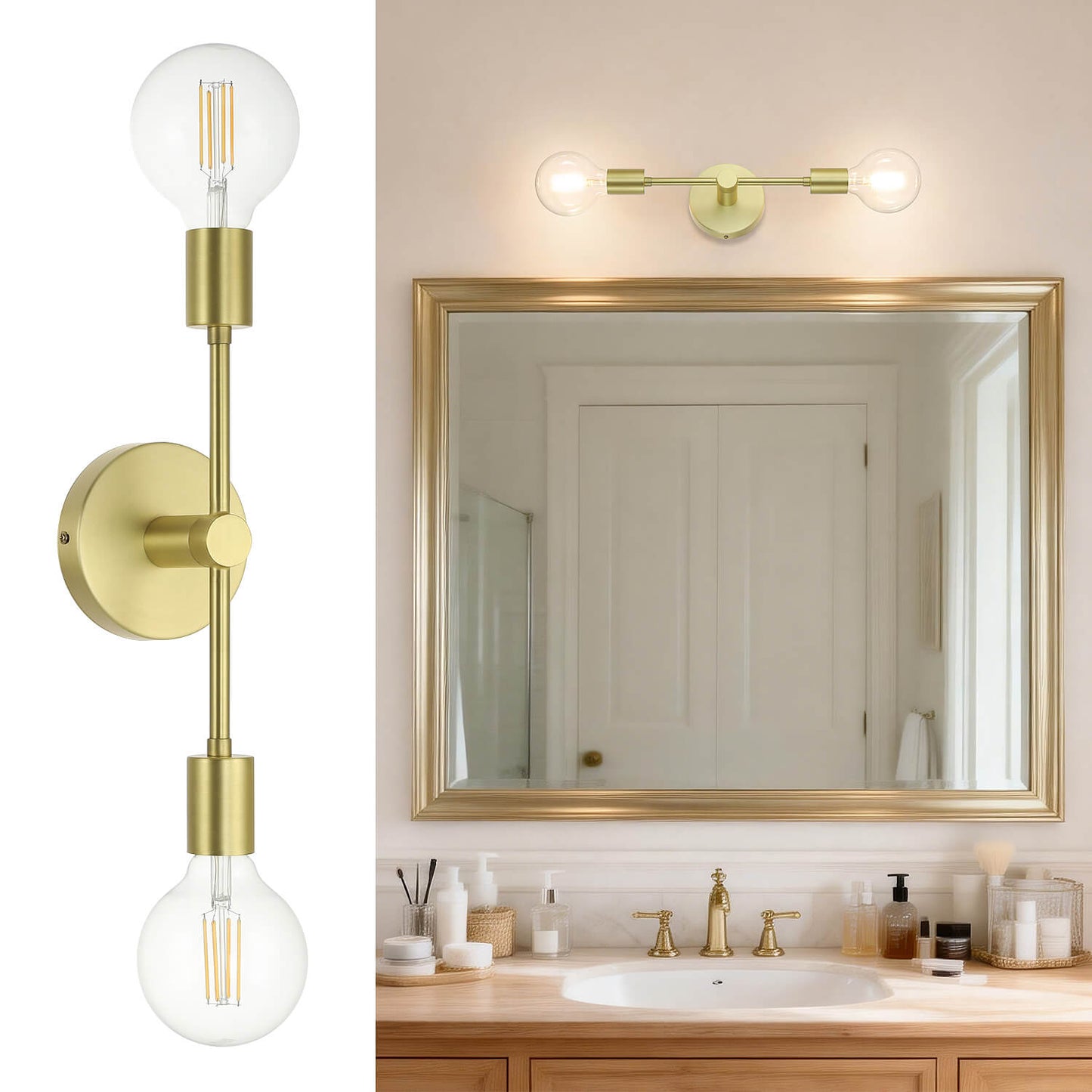 Double Light Satin Brass Vanity Sconce with LED Bulb XB-W1234-2-SB-G30