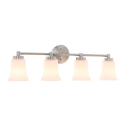 4-Light Bathroom Vanity Light Fixture, Brushed Nickel, Milk Glass Bell Shades XB-W1235-4-BN