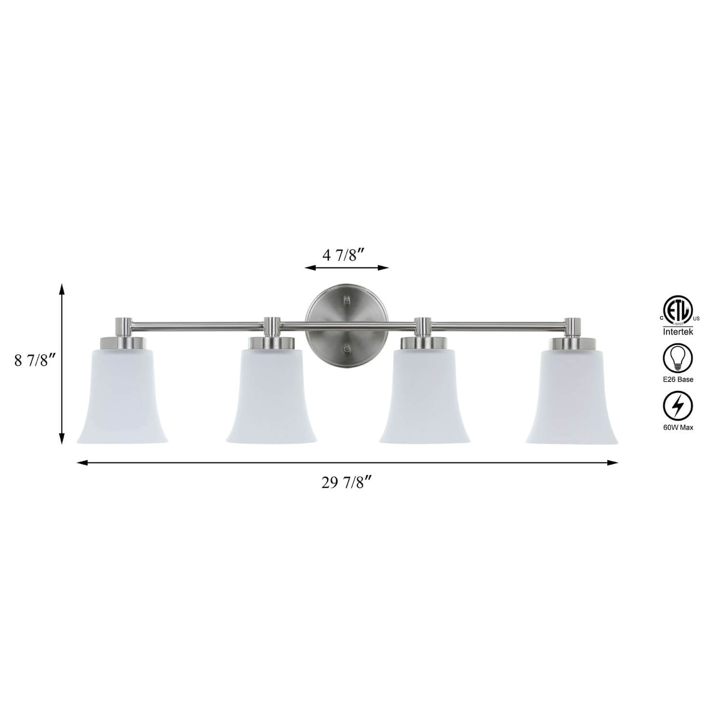 4-Light Bathroom Vanity Light Fixture, Brushed Nickel, Milk Glass Bell Shades XB-W1235-4-BN