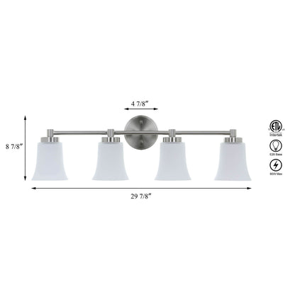 4-Light Bathroom Vanity Light Fixture, Brushed Nickel, Milk Glass Bell Shades XB-W1235-4-BN