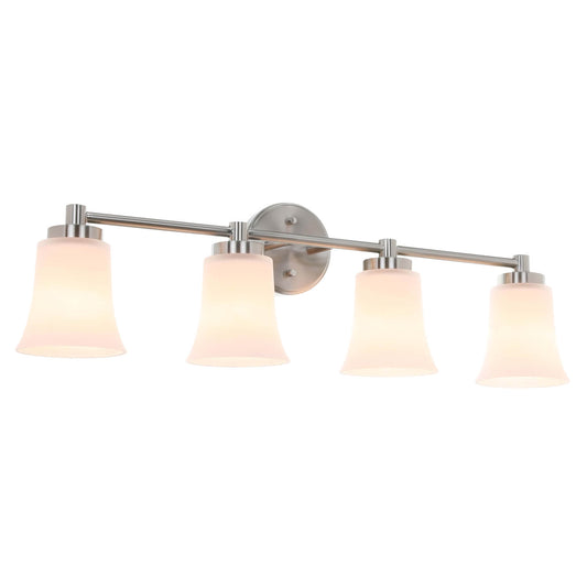 4-Light Bathroom Vanity Light Fixture, Brushed Nickel, Milk Glass Bell Shades XB-W1235-4-BN
