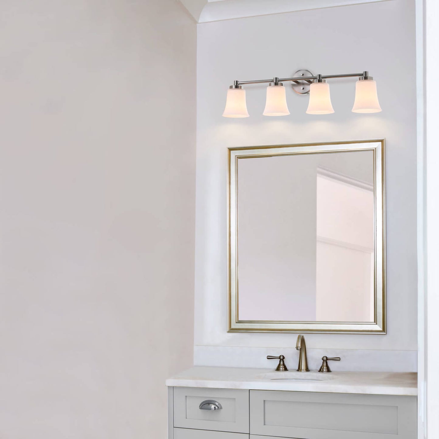 4-Light Bathroom Vanity Light Fixture, Brushed Nickel, Milk Glass Bell Shades XB-W1235-4-BN