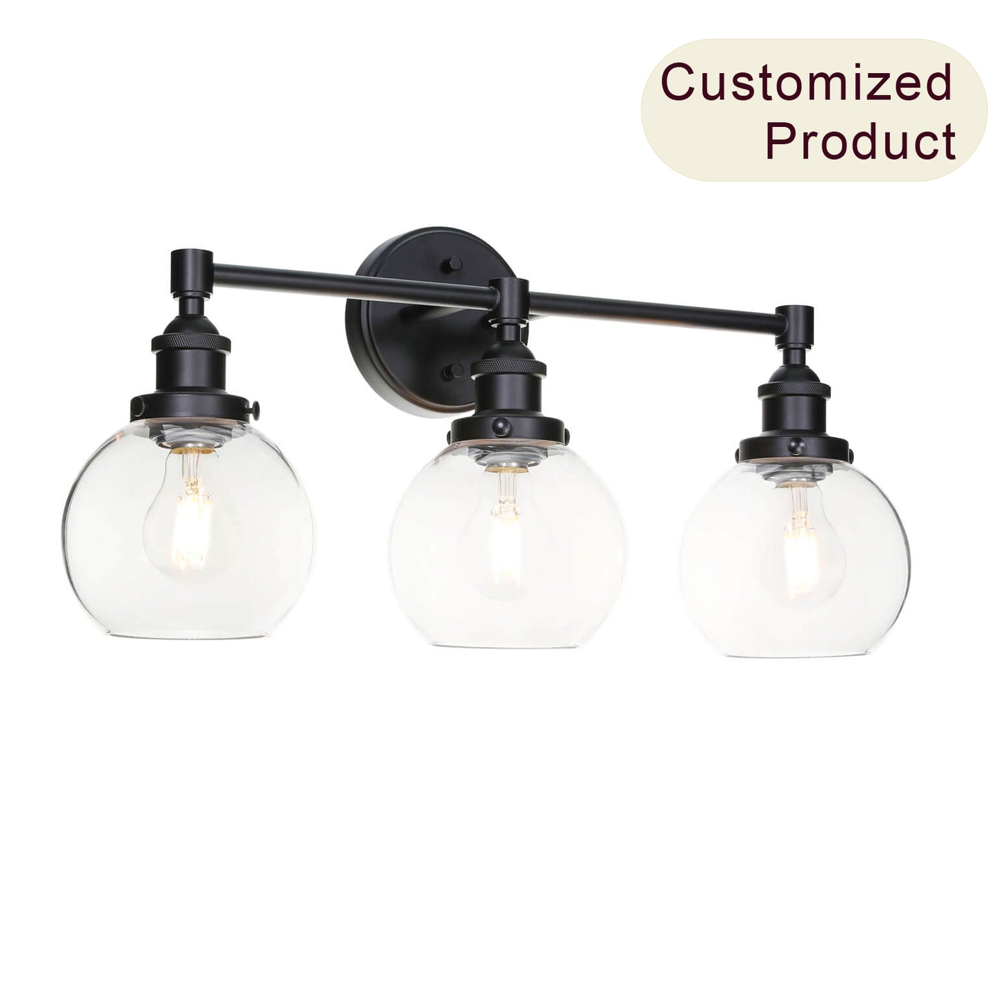 Bathroom Vanity Light Fixture, 3-Light, Black Metal with Clear Glass Globe Shades XB-W1256-3-MB