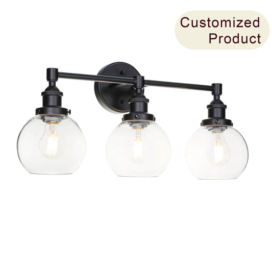 Bathroom Vanity Light Fixture, 3-Light, Black Metal with Clear Glass Globe Shades XB-W1256-3-MB