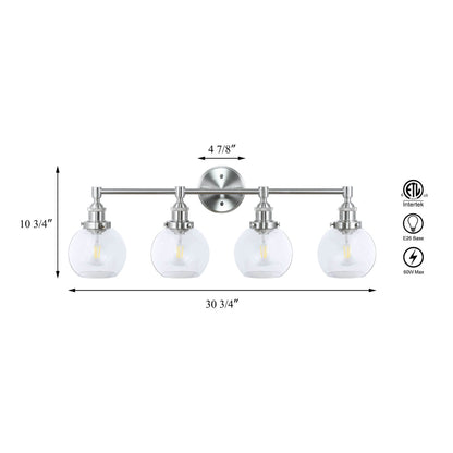 Bathroom Vanity Light Fixture, 4-Light, Brushed Nickel with Glass Globe Shades XB-W1256-4-BN