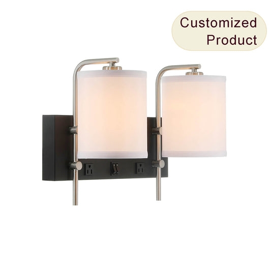 2-Lights Fabric Lampshade Bedside Light Wall Mounted Hotel Lamps With Outlets Guesroom Led Wall Lamp Bedroom for Reading XB-W1257-2