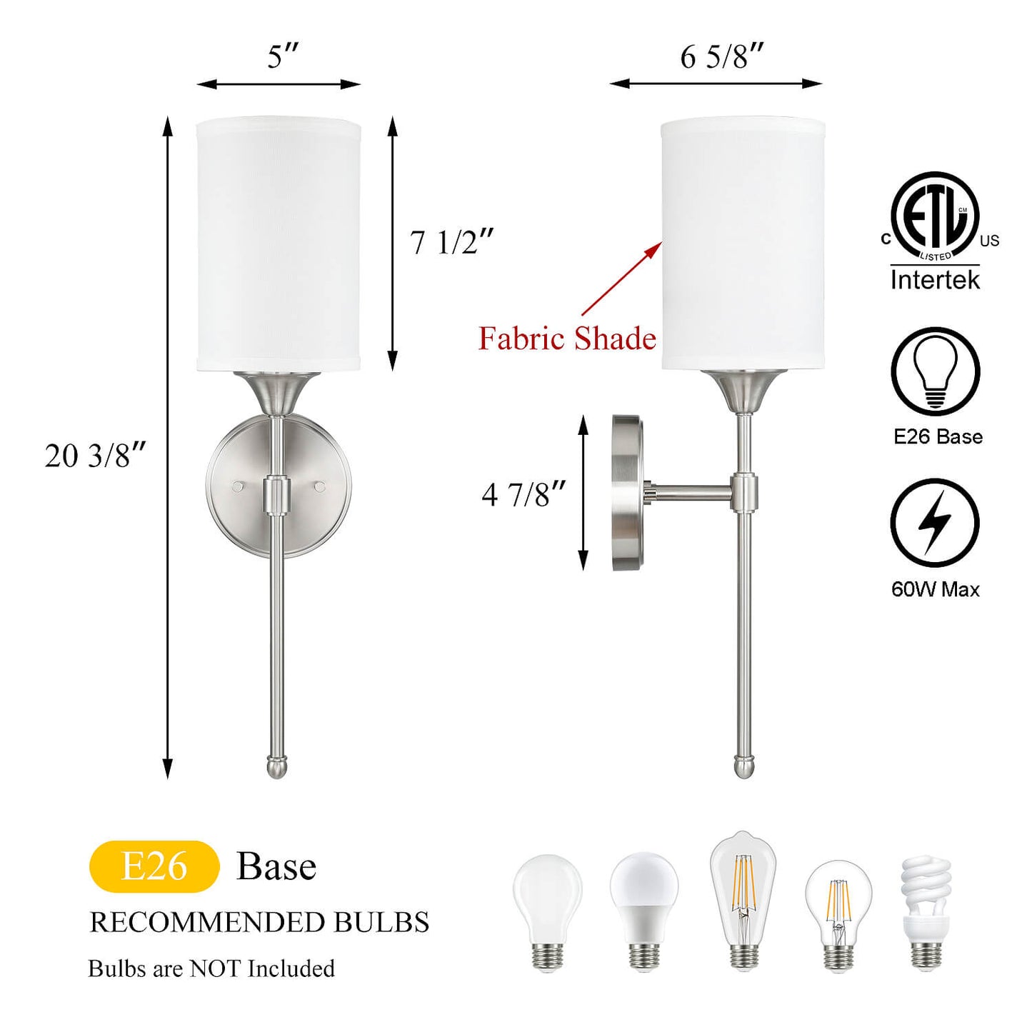 Modern Brushed Nickel Wall Sconce Light with Fabric Shade XB-W1260-BN