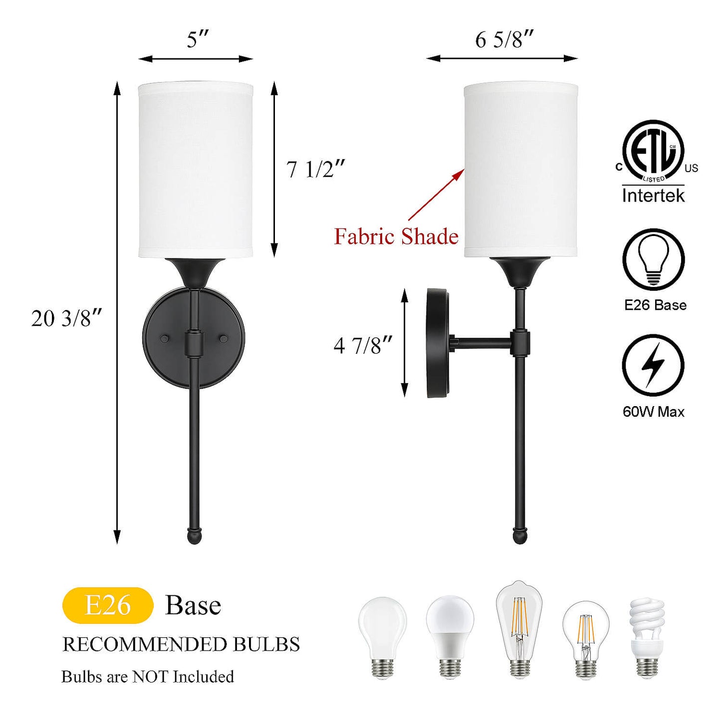 Wall Sconce Light Fixture, Matte Black Vanity Light with Fabric Shade, 1-Light  XB-W1260-MB