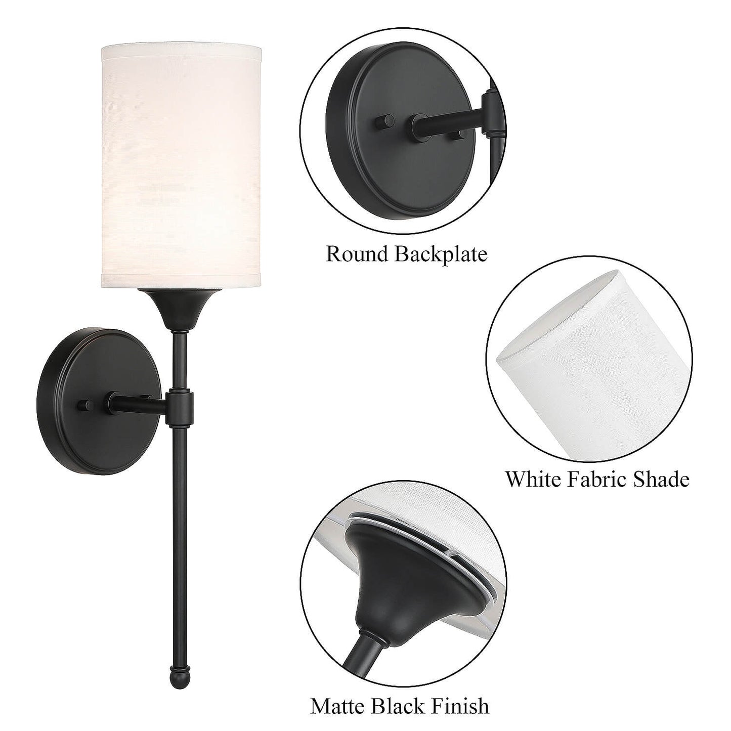 Wall Sconce Light Fixture, Matte Black Vanity Light with Fabric Shade, 1-Light  XB-W1260-MB