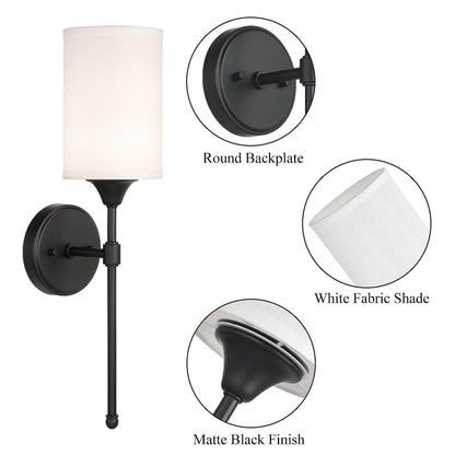 Wall Sconce Light Fixture, Matte Black Vanity Light with Fabric Shade, 1-Light  XB-W1260-MB
